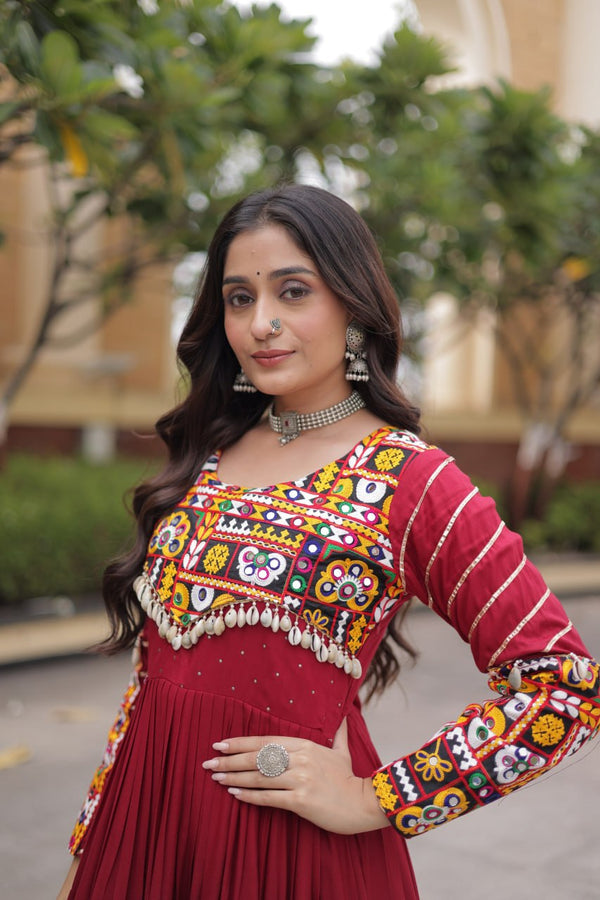 Maroon Rayon Gown with Embroidery Work ClothsVilla