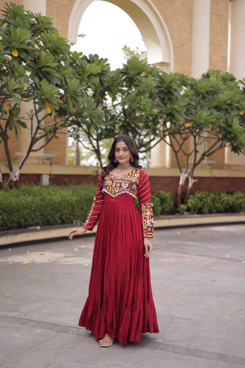 Maroon Rayon Gown with Embroidery Work ClothsVilla