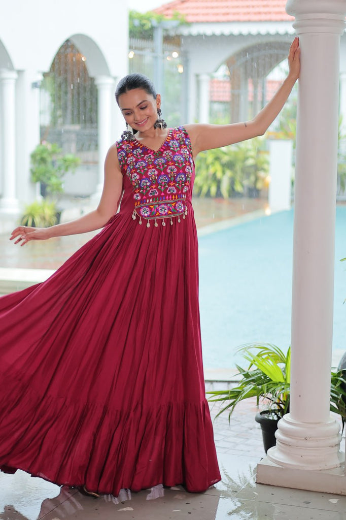 Maroon Rayon Navratri Gown with Kutchi Gamthi Embroidery & Mirror Work – Sleeveless with Flair ClothsVilla
