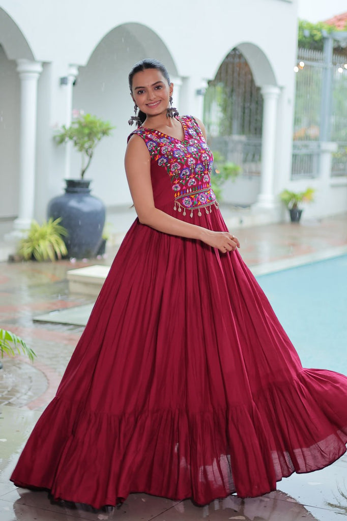 Maroon Rayon Navratri Gown with Kutchi Gamthi Embroidery & Mirror Work – Sleeveless with Flair ClothsVilla