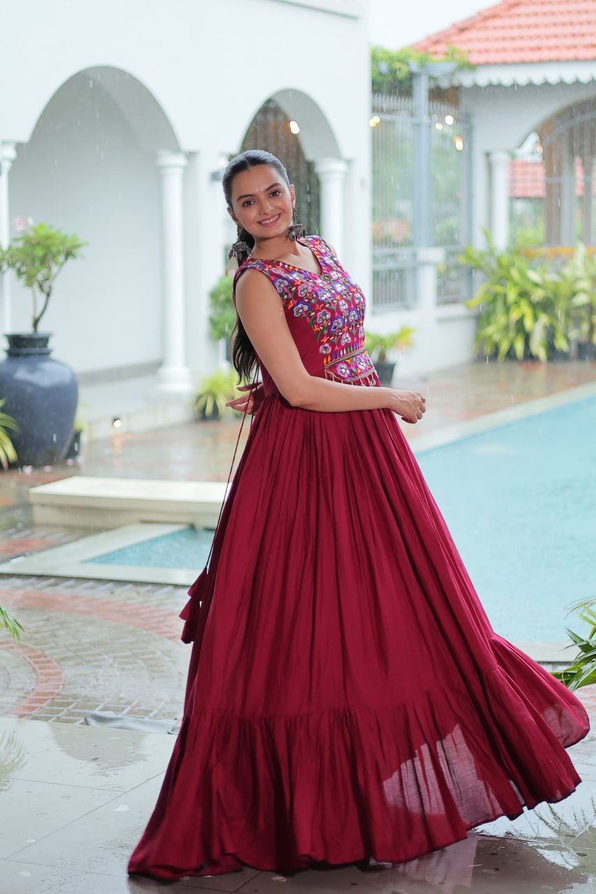 Maroon Rayon Navratri Gown with Kutchi Gamthi Embroidery & Mirror Work – Sleeveless with Flair ClothsVilla