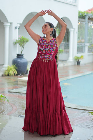 Maroon Rayon Navratri Gown with Kutchi Gamthi Embroidery & Mirror Work – Sleeveless with Flair ClothsVilla