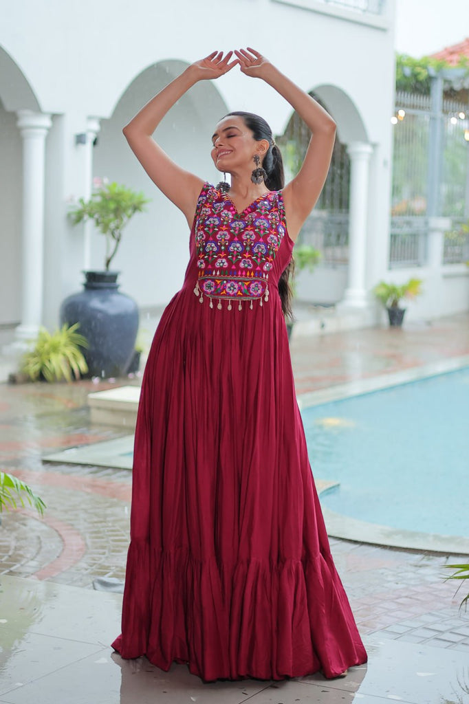Maroon Rayon Navratri Gown with Kutchi Gamthi Embroidery & Mirror Work – Sleeveless with Flair ClothsVilla