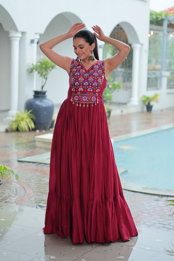 Maroon Rayon Navratri Gown with Kutchi Gamthi Embroidery & Mirror Work – Sleeveless with Flair ClothsVilla