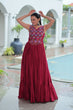 Load image into Gallery viewer, Maroon Rayon Navratri Gown with Kutchi Gamthi Embroidery &amp; Mirror Work – Sleeveless with Flair ClothsVilla
