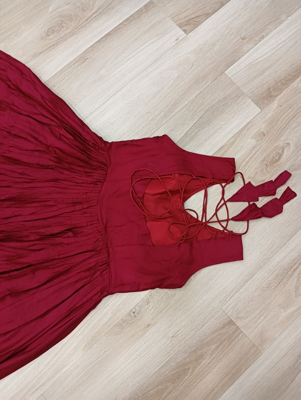 Maroon Rayon Navratri Gown with Kutchi Gamthi Embroidery & Mirror Work – Sleeveless with Flair ClothsVilla