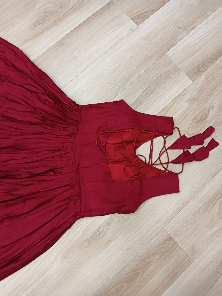 Maroon Rayon Navratri Gown with Kutchi Gamthi Embroidery & Mirror Work – Sleeveless with Flair ClothsVilla