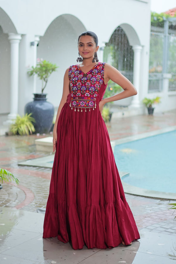 Maroon Rayon Navratri Gown with Kutchi Gamthi Embroidery & Mirror Work – Sleeveless with Flair ClothsVilla