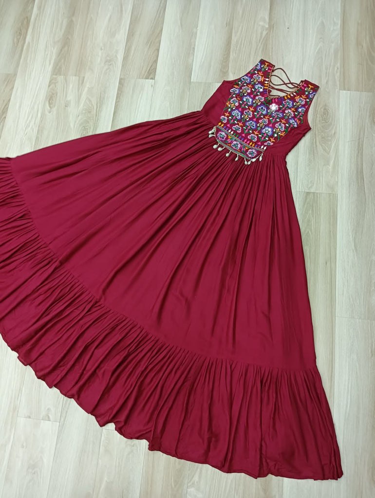 Maroon Rayon Navratri Gown with Kutchi Gamthi Embroidery & Mirror Work – Sleeveless with Flair ClothsVilla