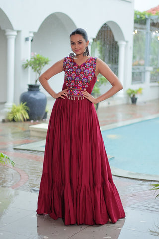 Maroon Rayon Navratri Gown with Kutchi Gamthi Embroidery & Mirror Work – Sleeveless with Flair ClothsVilla