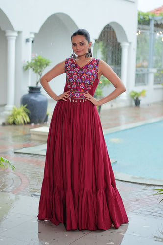 Maroon Rayon Navratri Gown with Kutchi Gamthi Embroidery & Mirror Work – Sleeveless with Flair ClothsVilla