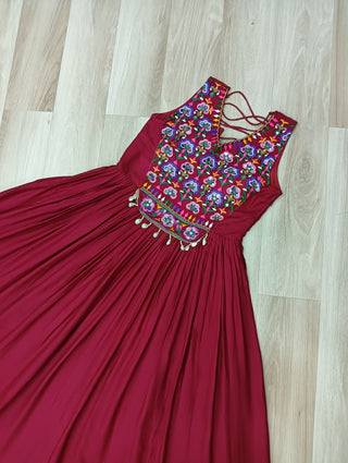 Maroon Rayon Navratri Gown with Kutchi Gamthi Embroidery & Mirror Work – Sleeveless with Flair ClothsVilla