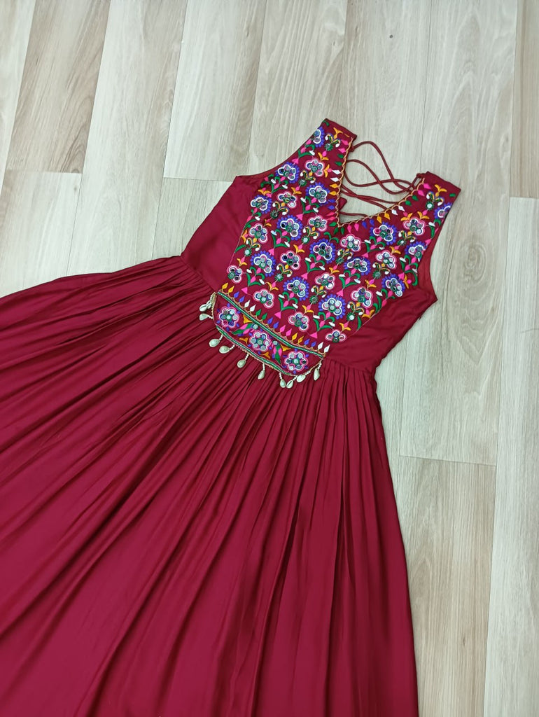 Maroon Rayon Navratri Gown with Kutchi Gamthi Embroidery & Mirror Work – Sleeveless with Flair ClothsVilla