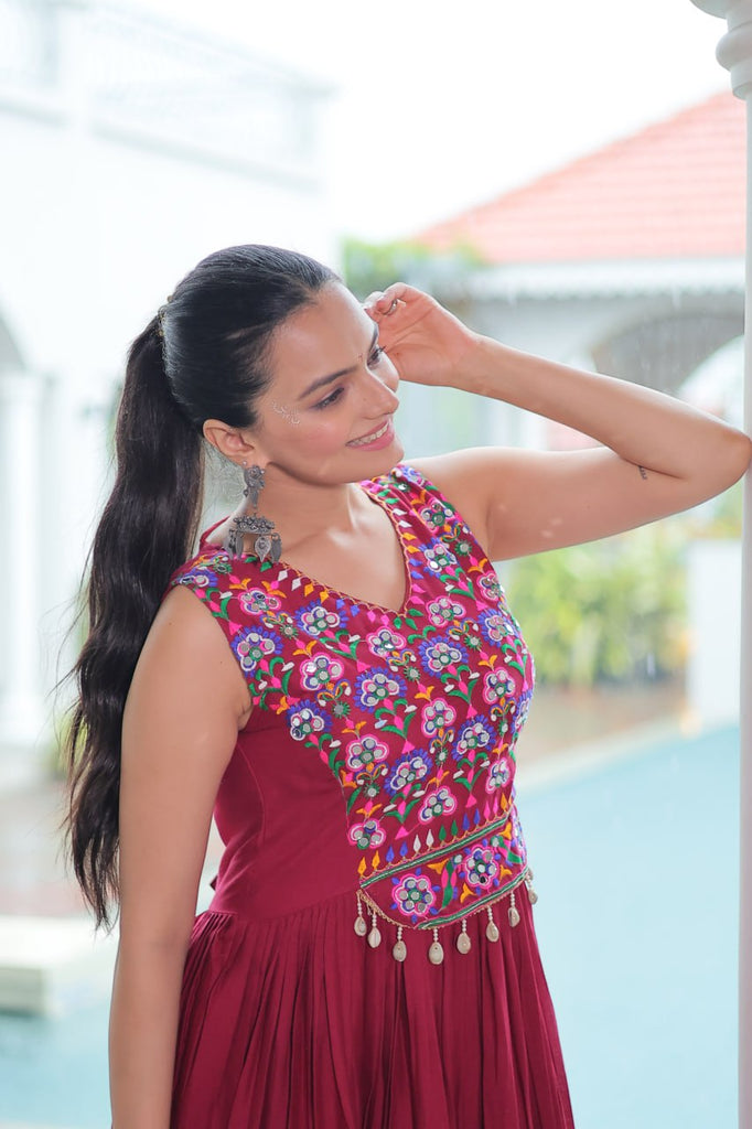 Maroon Rayon Navratri Gown with Kutchi Gamthi Embroidery & Mirror Work – Sleeveless with Flair ClothsVilla