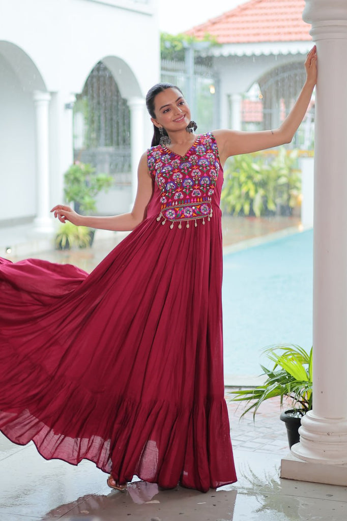 Maroon Rayon Navratri Gown with Kutchi Gamthi Embroidery & Mirror Work – Sleeveless with Flair ClothsVilla