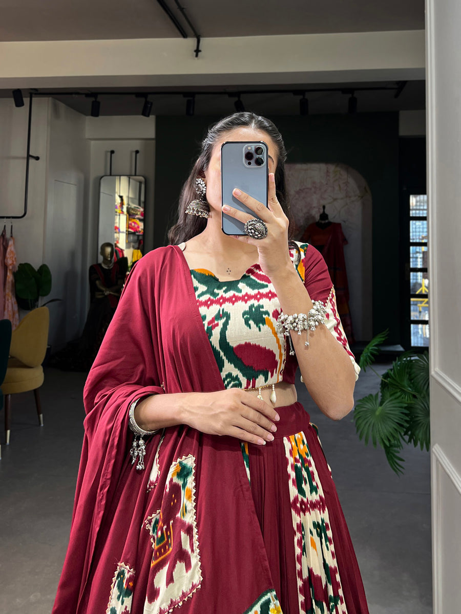 Maroon Rayon Printed Silk Lehenga Choli with Gota Patti & Cowrie Detailing ClothsVilla