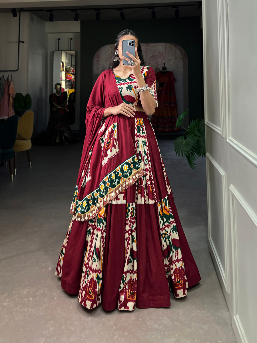Maroon Rayon Printed Silk Lehenga Choli with Gota Patti & Cowrie Detailing ClothsVilla Main image
