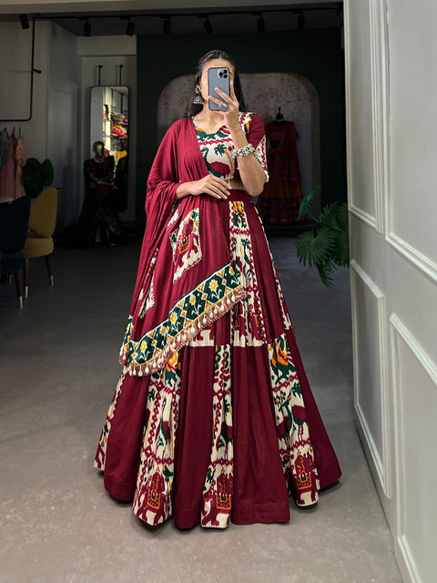 Maroon Rayon Printed Silk Lehenga Choli with Gota Patti & Cowrie Detailing ClothsVilla Main image