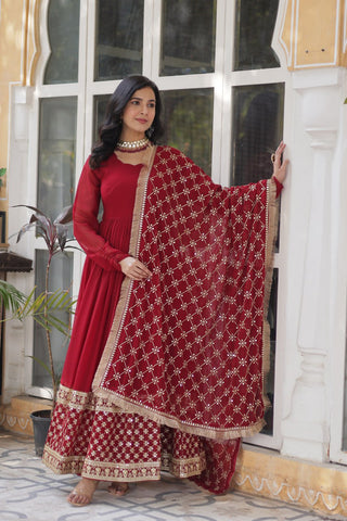 Maroon Regal Bloom – Embroidered Zari Sequins Gown Set ClothsVilla