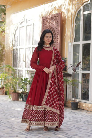 Maroon Regal Bloom – Embroidered Zari Sequins Gown Set ClothsVilla