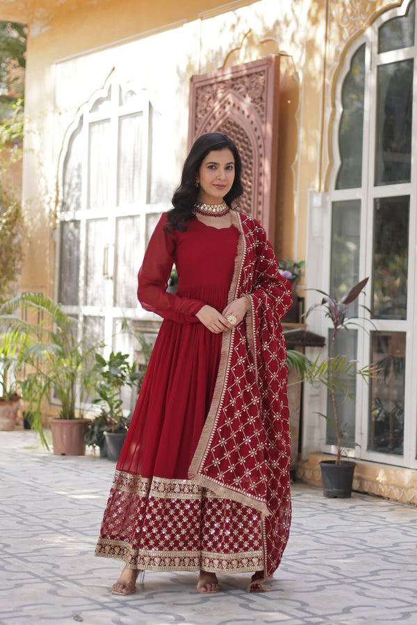 Maroon Regal Bloom – Embroidered Zari Sequins Gown Set ClothsVilla