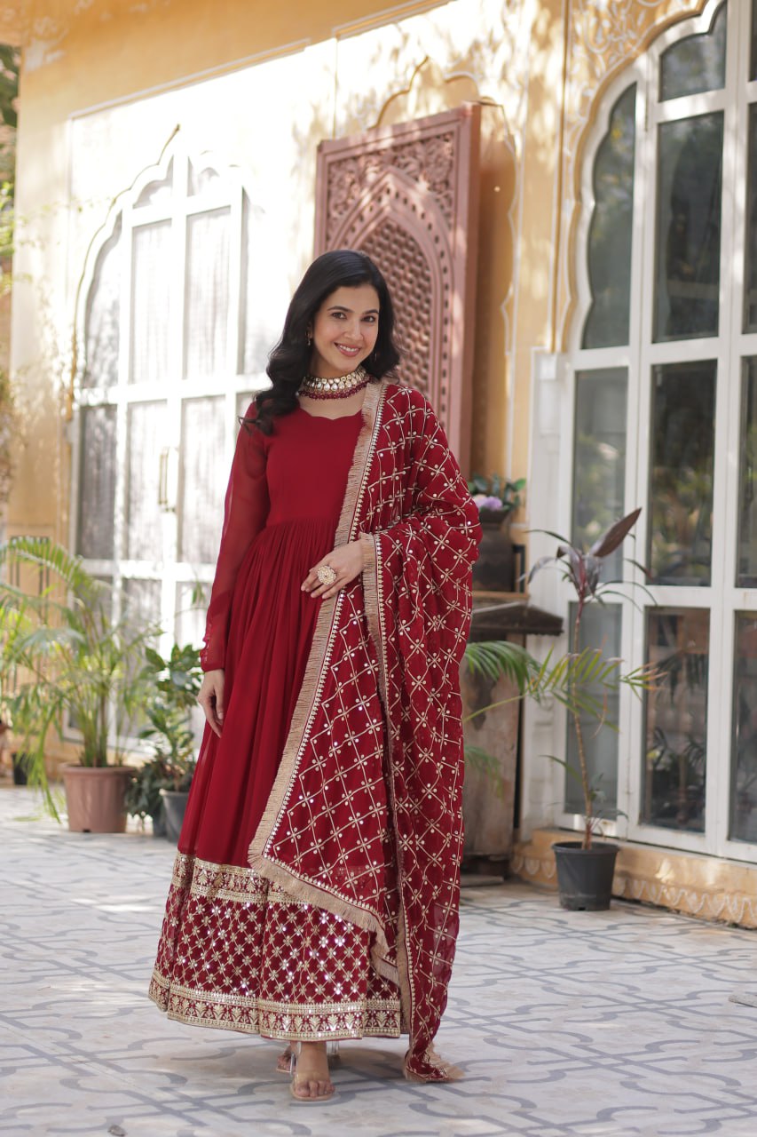 Maroon Regal Bloom – Embroidered Zari Sequins Gown Set ClothsVilla