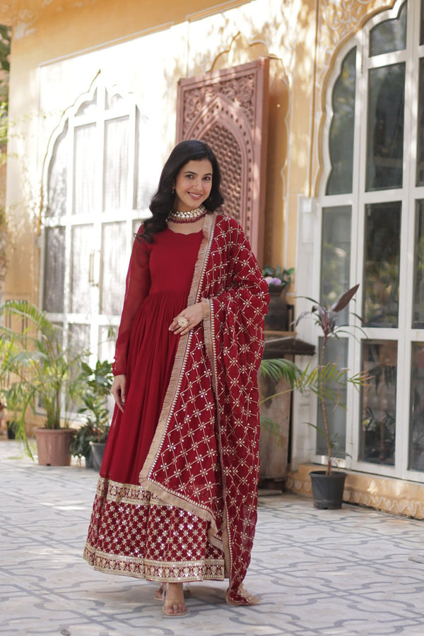 Maroon Regal Bloom – Embroidered Zari Sequins Gown Set ClothsVilla