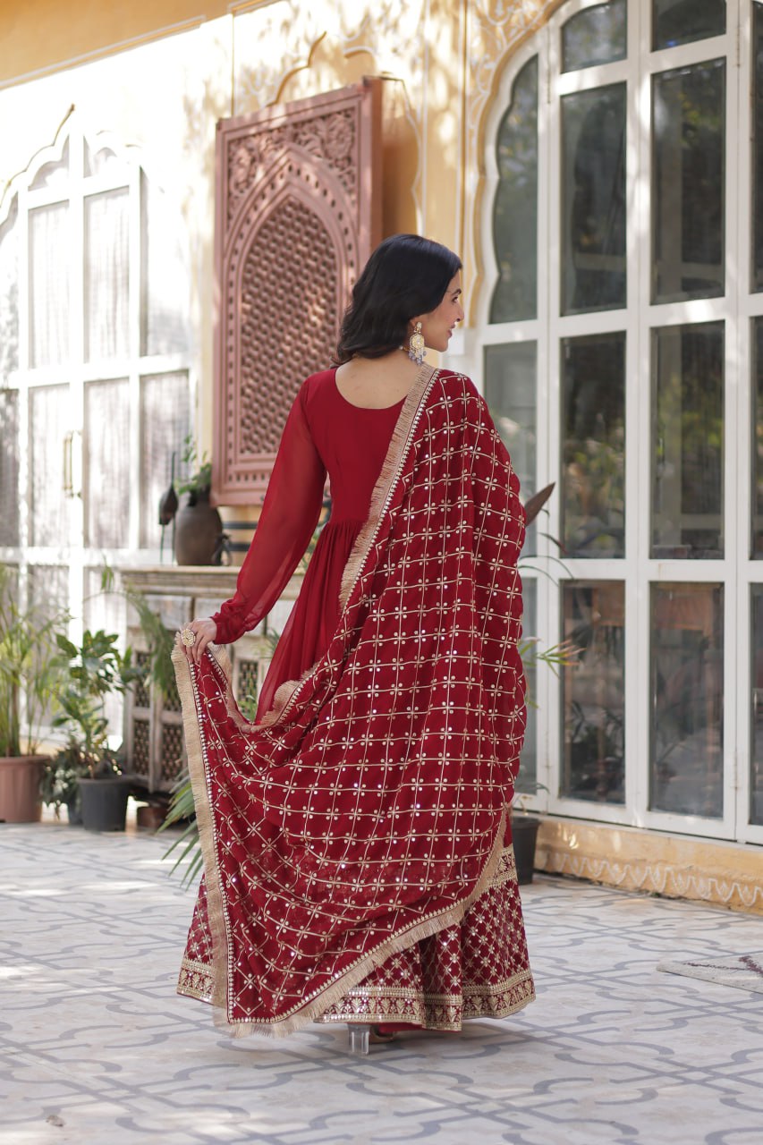 Maroon Regal Bloom – Embroidered Zari Sequins Gown Set ClothsVilla