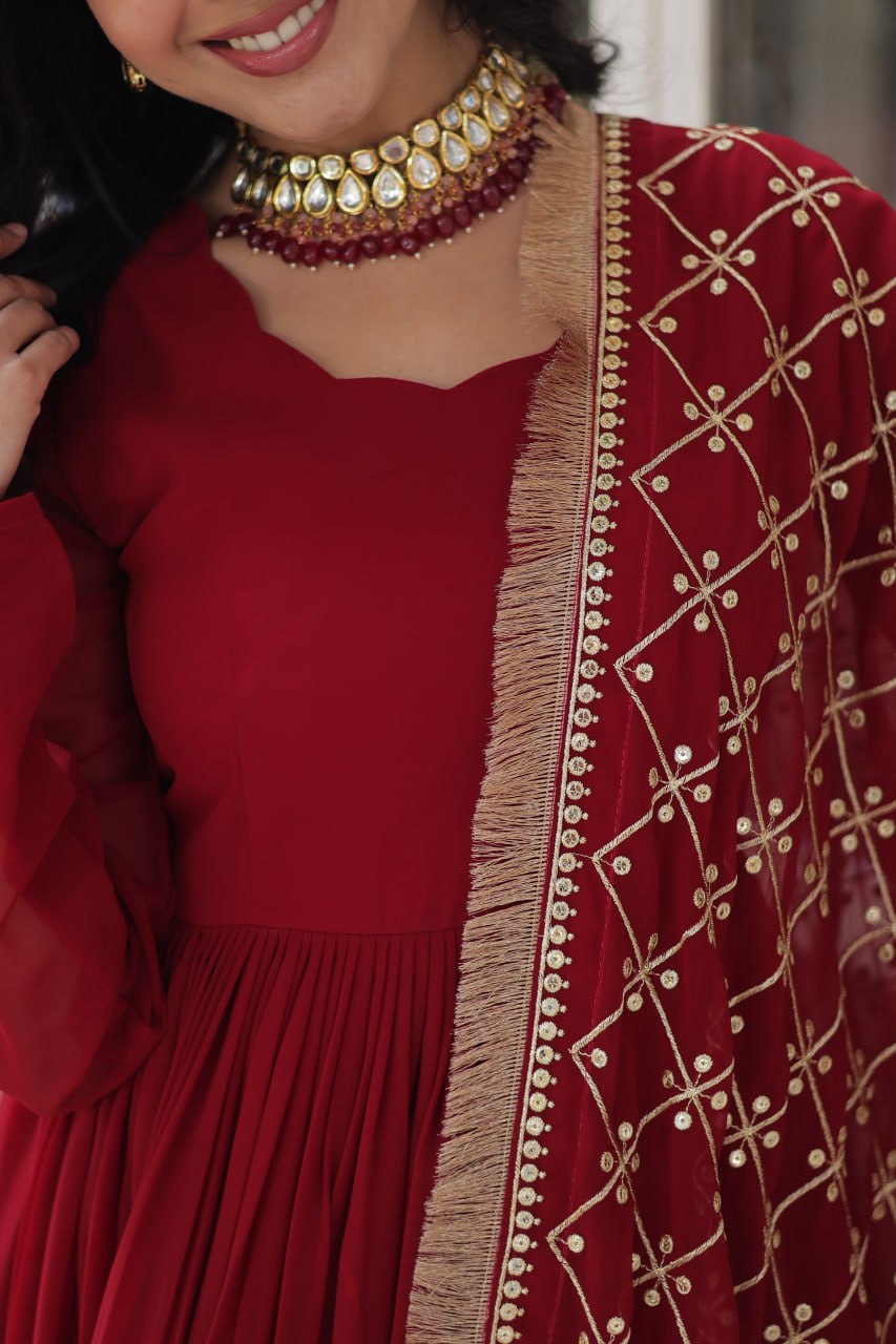 Maroon Regal Bloom – Embroidered Zari Sequins Gown Set ClothsVilla