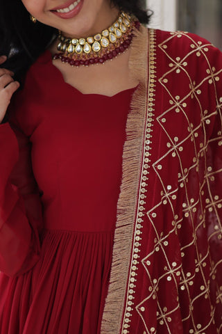 Maroon Regal Bloom – Embroidered Zari Sequins Gown Set ClothsVilla