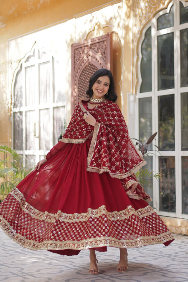 Maroon Regal Bloom – Embroidered Zari Sequins Gown Set ClothsVilla