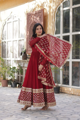 Maroon Regal Bloom – Embroidered Zari Sequins Gown Set ClothsVilla