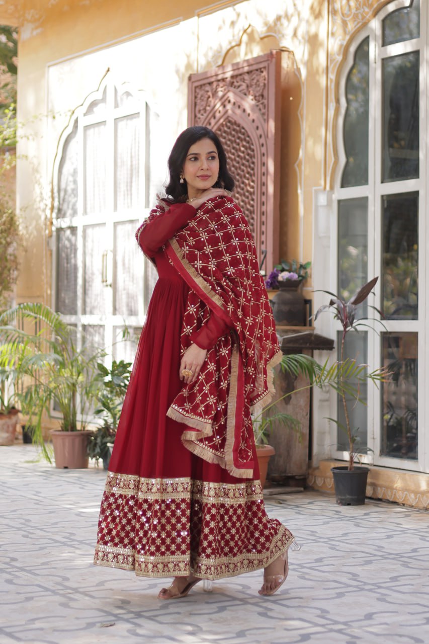 Maroon Regal Bloom – Embroidered Zari Sequins Gown Set ClothsVilla