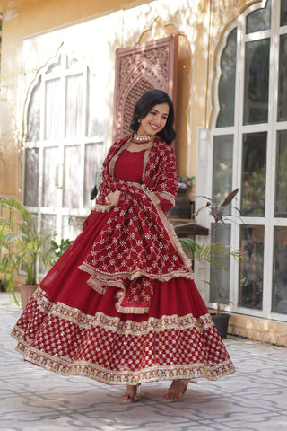 Maroon Regal Bloom – Embroidered Zari Sequins Gown Set ClothsVilla