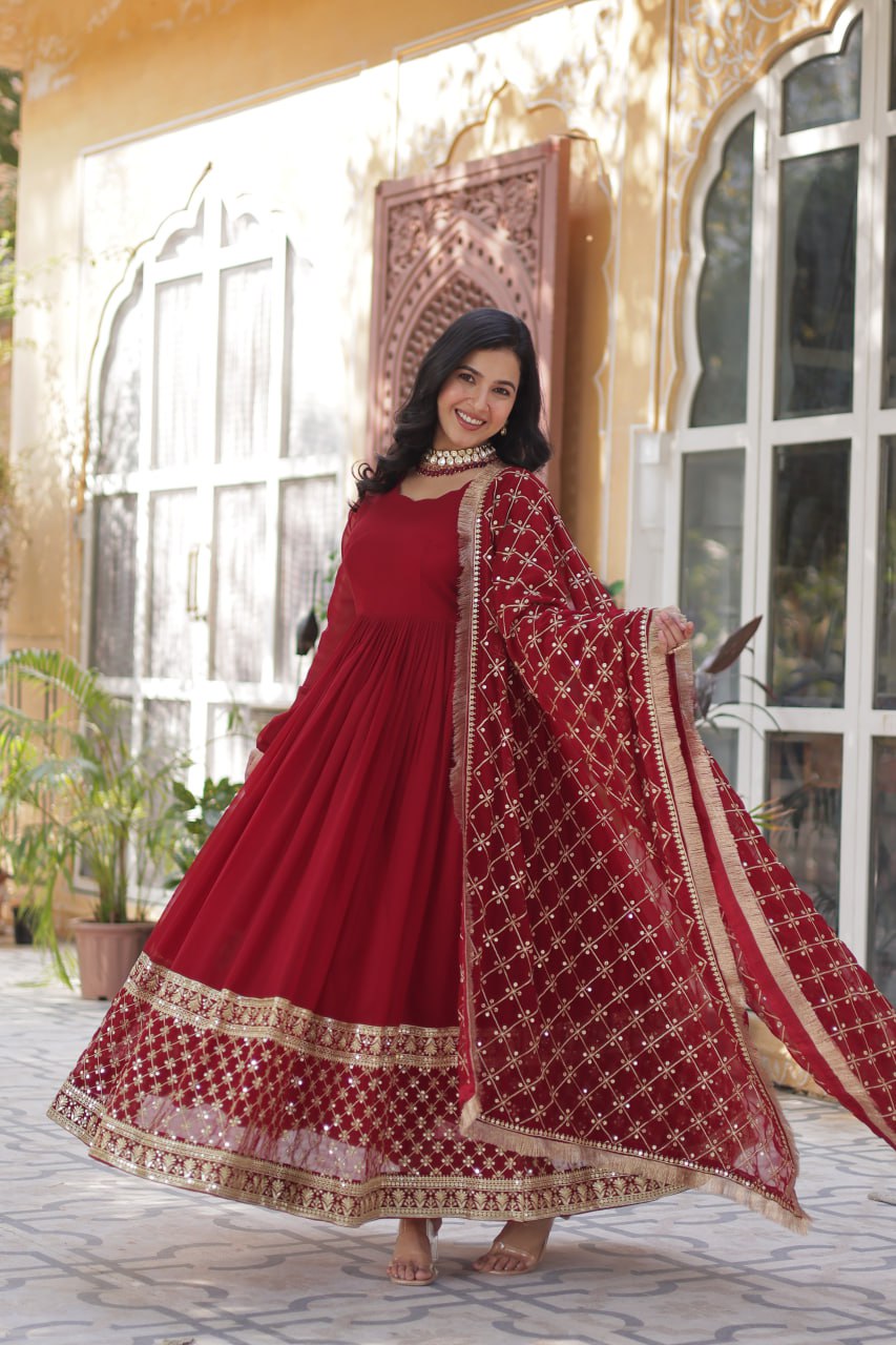 Maroon Regal Bloom – Embroidered Zari Sequins Gown Set ClothsVilla