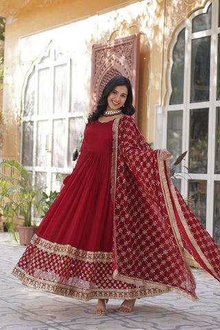 Maroon Regal Bloom – Embroidered Zari Sequins Gown Set ClothsVilla