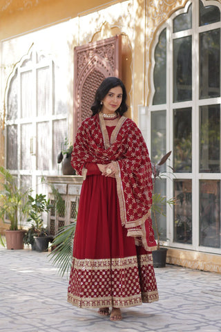 Maroon Regal Bloom – Embroidered Zari Sequins Gown Set ClothsVilla