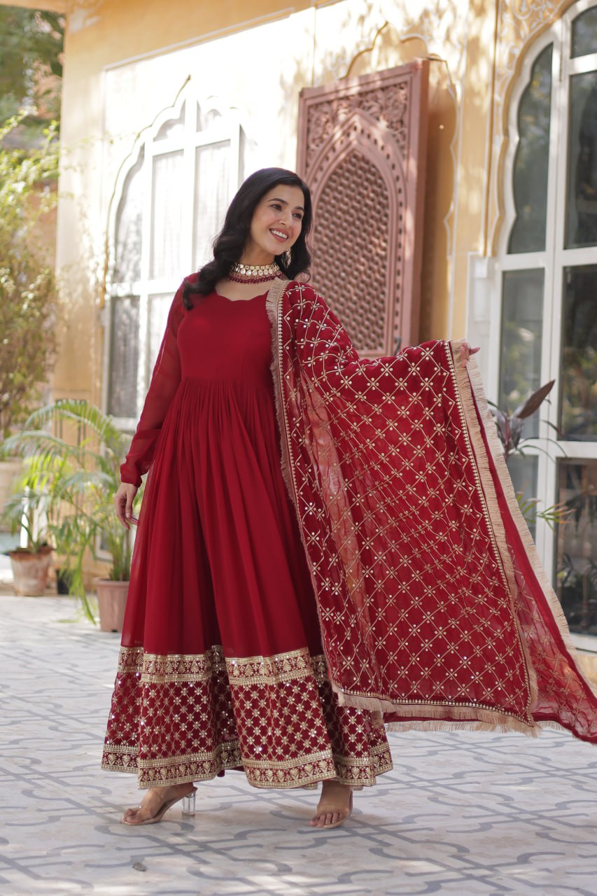 Maroon Regal Bloom – Embroidered Zari Sequins Gown Set ClothsVilla