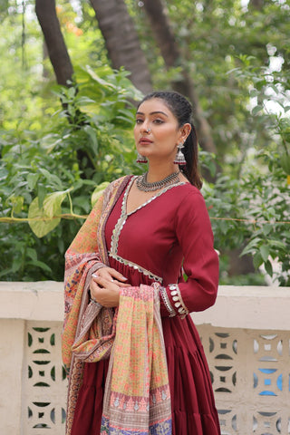 Maroon Roman Fabric Frill-Stitched Gown with Maslin Crochet Dupatta ClothsVilla