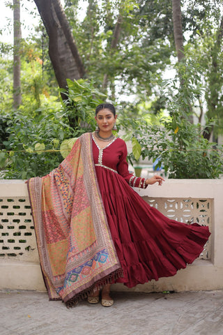 Maroon Roman Fabric Frill-Stitched Gown with Maslin Crochet Dupatta ClothsVilla