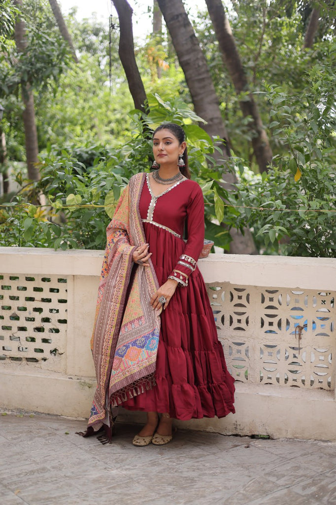 Maroon Roman Fabric Frill-Stitched Gown with Maslin Crochet Dupatta ClothsVilla