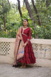 Load image into Gallery viewer, Maroon Roman Fabric Frill-Stitched Gown with Maslin Crochet Dupatta ClothsVilla
