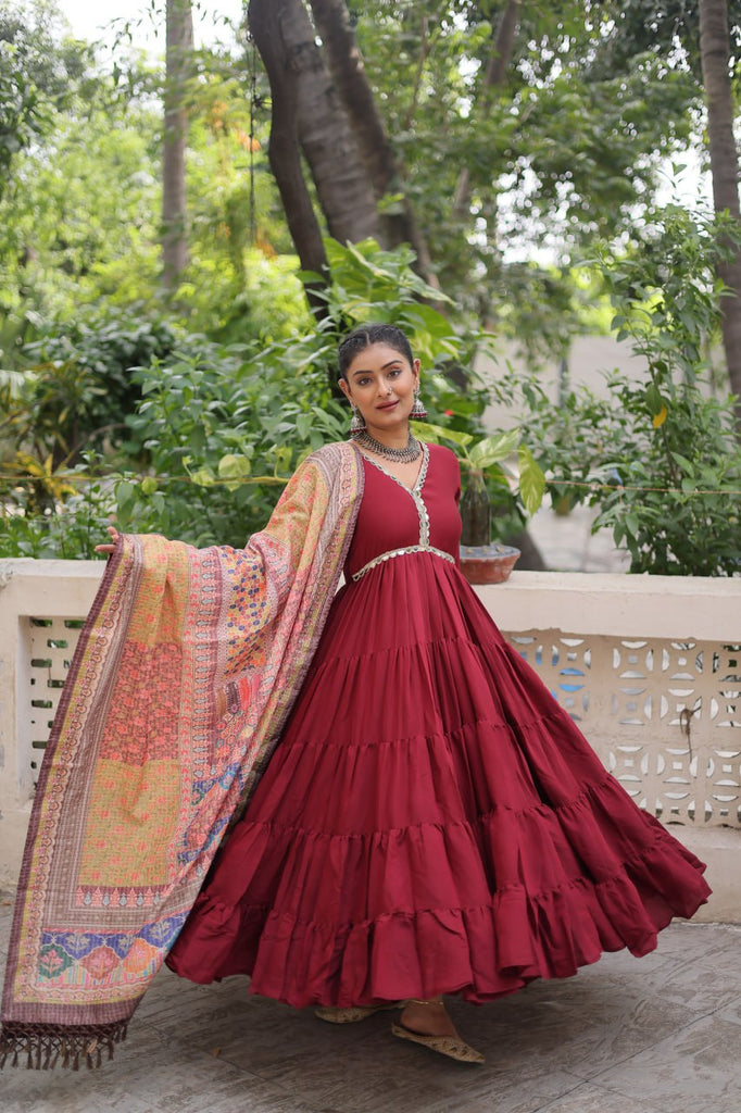 Maroon Roman Fabric Frill-Stitched Gown with Maslin Crochet Dupatta ClothsVilla