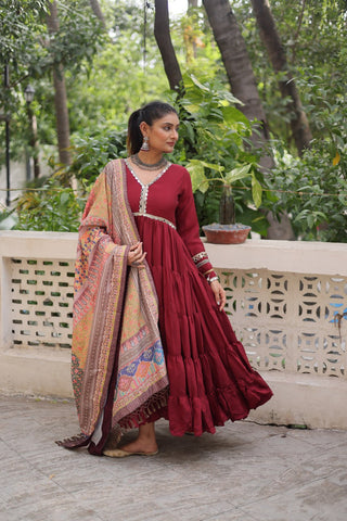 Maroon Roman Fabric Frill-Stitched Gown with Maslin Crochet Dupatta ClothsVilla