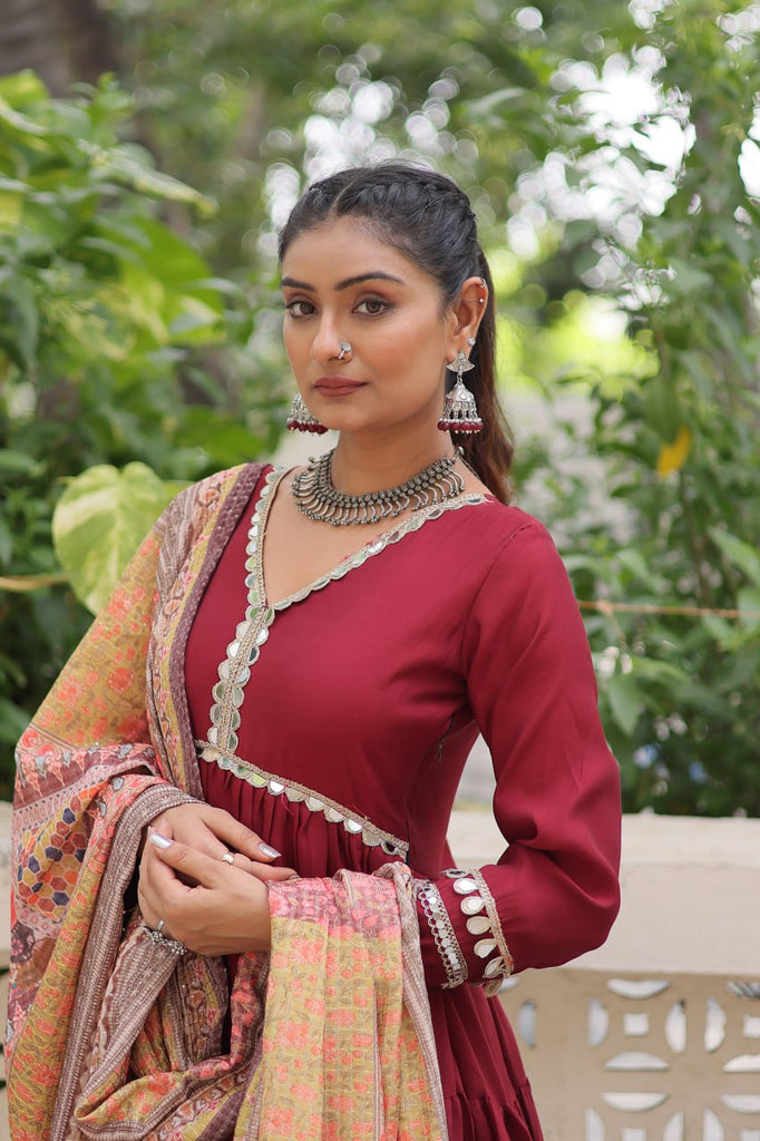 Maroon Roman Fabric Frill-Stitched Gown with Maslin Crochet Dupatta ClothsVilla