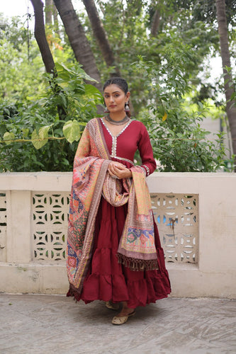 Maroon Roman Fabric Frill-Stitched Gown with Maslin Crochet Dupatta ClothsVilla
