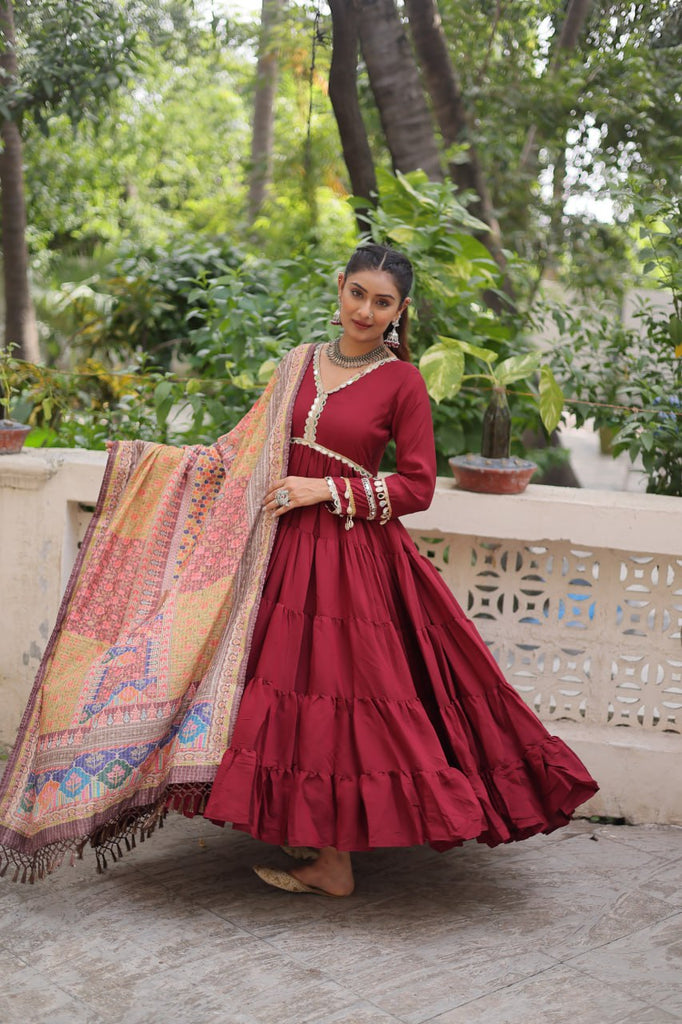 Maroon Roman Fabric Frill-Stitched Gown with Maslin Crochet Dupatta ClothsVilla