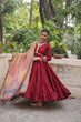 Load image into Gallery viewer, Maroon Roman Fabric Frill-Stitched Gown with Maslin Crochet Dupatta ClothsVilla