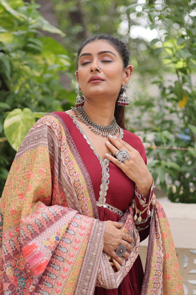 Maroon Roman Fabric Frill-Stitched Gown with Maslin Crochet Dupatta ClothsVilla