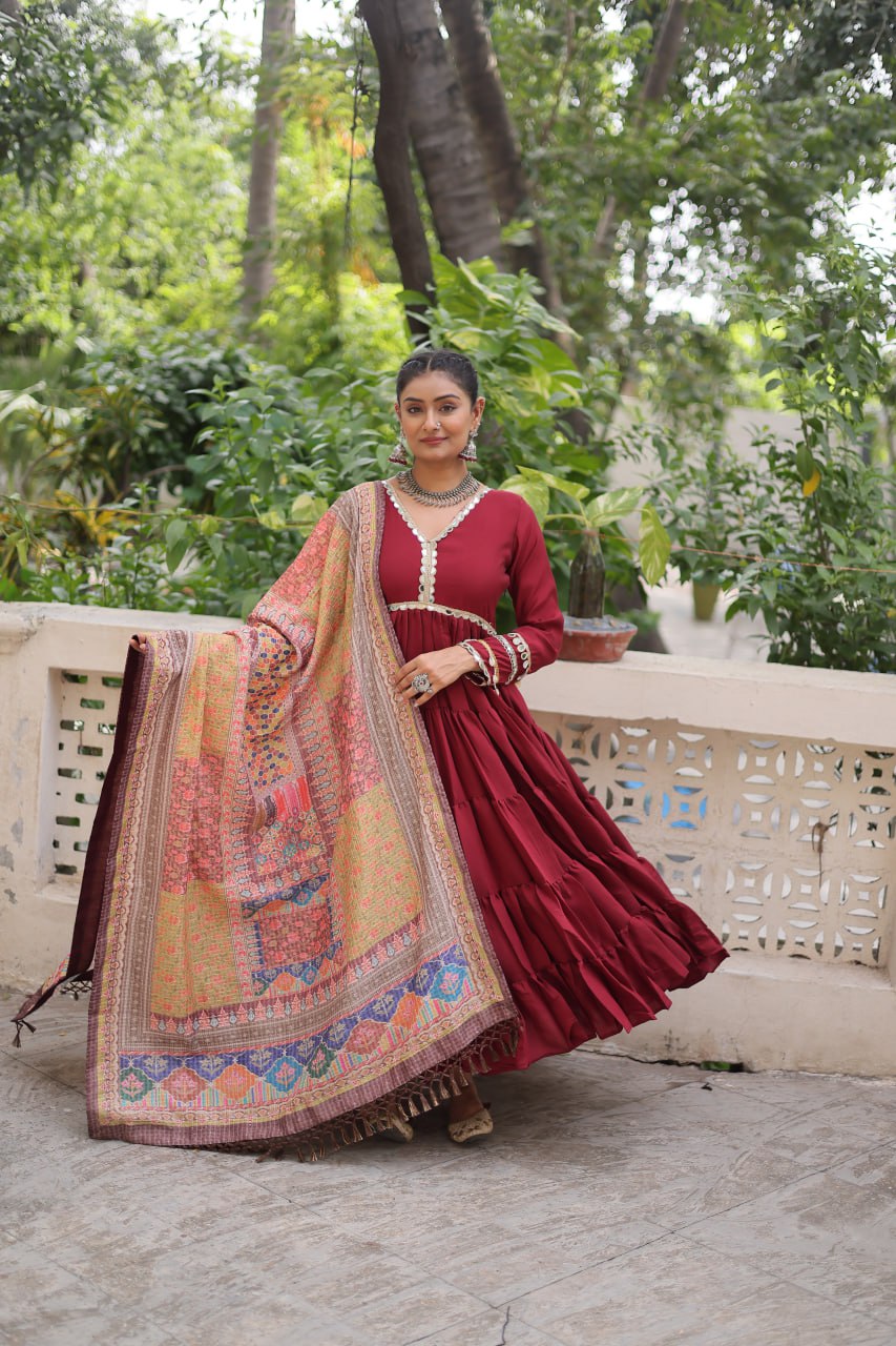 Maroon Roman Fabric Frill-Stitched Gown with Maslin Crochet Dupatta ClothsVilla